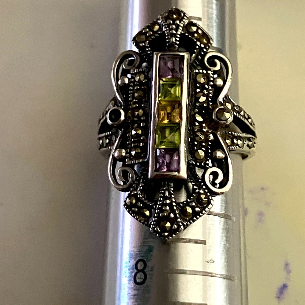 UC amethyst, citrine and peridot gems in marcasite and sterling silver ring.